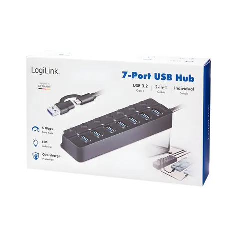 USB hub 7x USB-A s vypínači černý / USB hub / USB 3.2 Gen1 / 5 Gbit/s / 7x přepínač ON/OFF