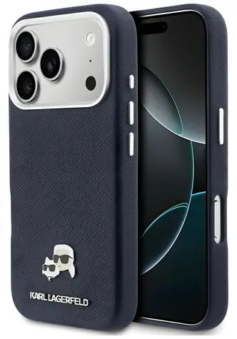 Karl Lagerfeld Karl & Choupette Head Pins Saffiano modrá / Zadní kryt / MagSafe / iPhone 17 Pro Max