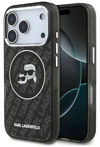Karl Lagerfeld IML Glitter Karl & Choupette Heads Logo MagSafe černá / Zadní kryt / iPhone 17 Pro