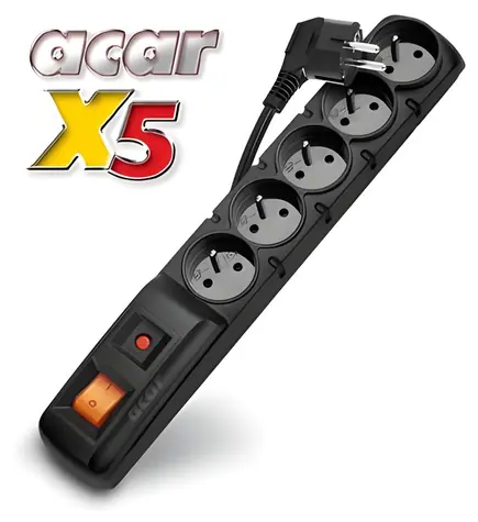 Acar X5/3m černá / Rozvodný panel / 5 zásuvek / přepěťová ochrana / 3 m kabel