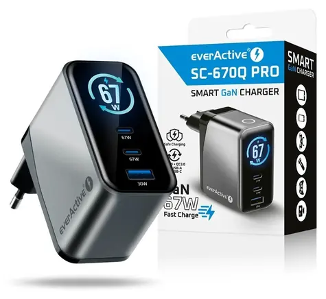 SC-670Q GaN nabíječka 67W černá / Nabíječka / 2x USB-C / 1x USB-A / QC4+ / PD 3.0 / LCD displej