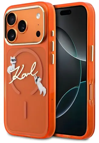 Karl Lagerfeld IML Choupettes Karl Script Logo oranžová / Zadní kryt / MagSafe / iPhone 17 Pro