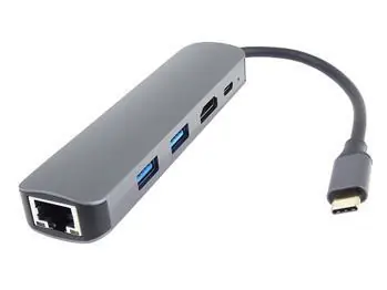 PremiumCord adaptér USB-C na HDMI, USB 3.2 a RJ45 / Adaptér / PD 100W / 2x USB 3.2 / RJ45 10/100/1000 Mbps