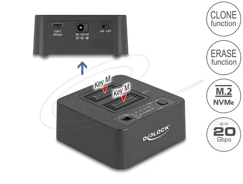 Delock Dokovací stanice M.2 pro 2x NVMe SSD / Dokovací stanice / USB 20 Gbps / Klonování a mazání