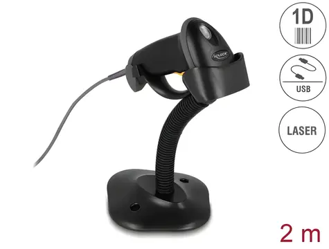 Delock USB čtečka čárových kódů 1D černá / Čtečka čárových kódů / Laser / S kabelem a stojánkem