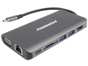PremiumCord USB-C hub 8v1 / USB-C hub / HDMI / VGA / RJ45 / 2x USB 3.0 / SD / 3,5mm audio / PD