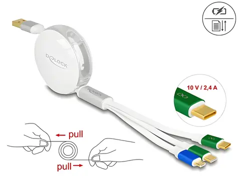 DeLock USB-A 3v1 bílá / Nabíjecí kabel / Micro-USB, 2x USB-C / 1,13 m / 3 A