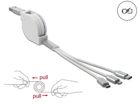 DeLock USB-A 3v1 bílá / Nabíjecí kabel / Lightning, Micro-USB, USB-C / Smotávací