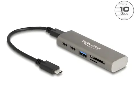 DeLock USB-C Hub šedá / USB hub / 10 Gbps / 3× USB-C + 1× USB-A / čtečka SD a microSD karet