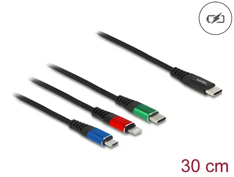 DeLock USB-C černá / Napájecí kabel 3v1 / USB-C na Micro-USB, USB-C, Lightning / 0,3 m / USB 2.0