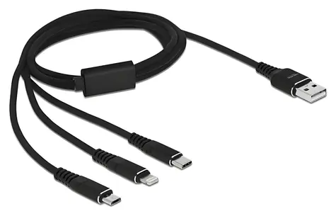 DeLock USB-A 3v1 Lightning, Micro-USB, USB-C černá / Nabíjecí kabel / 1 m