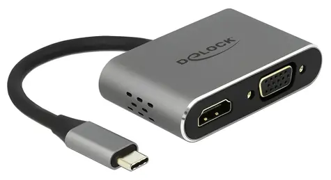 DeLock USB-C hub HDMI a VGA s PD šedá / USB hub / HDMI 1.4 / VGA / USB 3.2 Gen 1 / PD 87 W