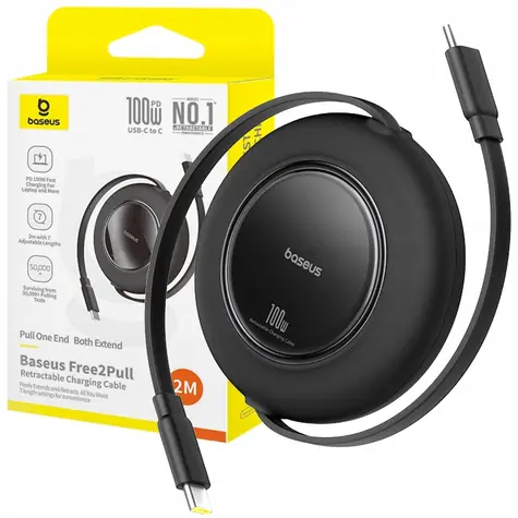 Baseus Free2Pull Mini černá / Kabel USB-C - USB-C / samonavíjecí / 100 W / 2 m