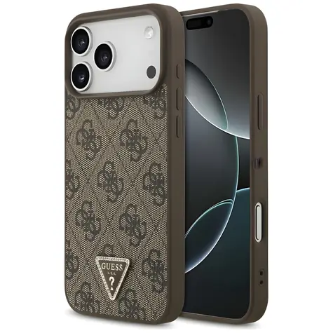 Guess Leather 4G Triangle Strass hnědá / Zadní kryt / MagSafe / iPhone 17 Pro Max a 18 Pro Max