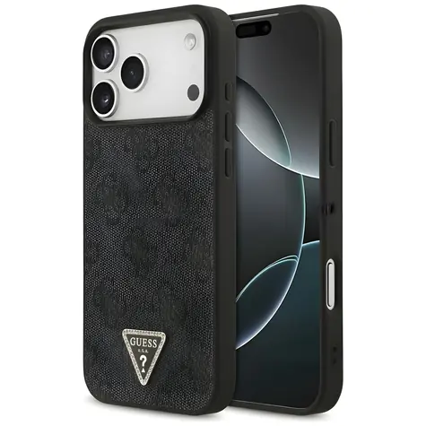 Guess PU Leather 4G Strass Triangle Logo Gold Frame černá / Zadní kryt / MagSafe / iPhone 17 Pro Max, 18 Pro Max