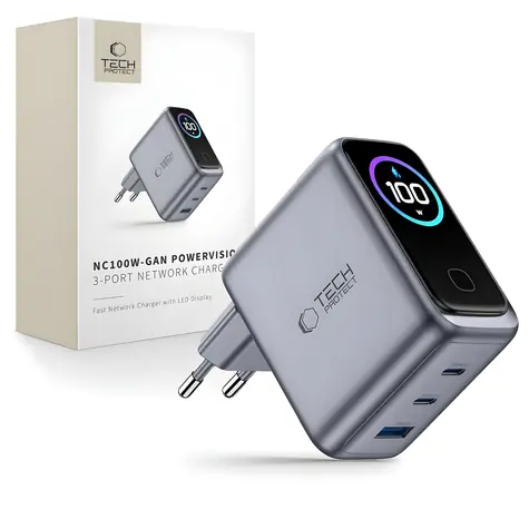 Tech-Protect NC100W-GaN tmavě šedá / Nabíječka / GaN / 3 porty / PD 100W / QC3.0