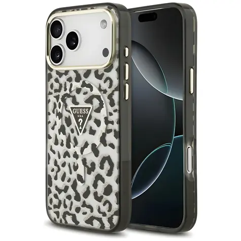 Guess IML Leopard Glitter Triangle Logo MagSafe černá / Zadní kryt / MagSafe / iPhone 17/18 Pro Max
