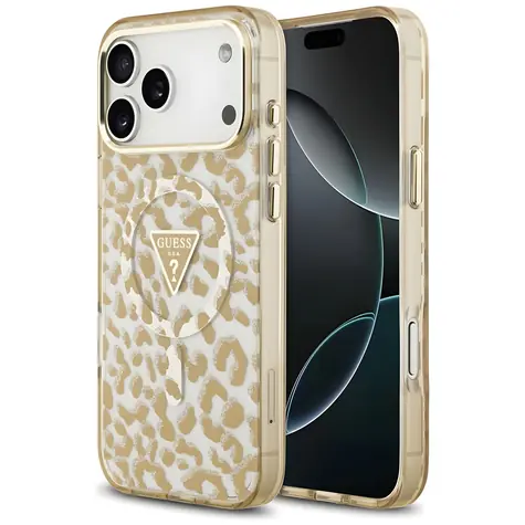 Guess Leopard Glitter Triangle Logo hnědá / Zadní kryt / MagSafe / iPhone 17 Pro, 18 Pro