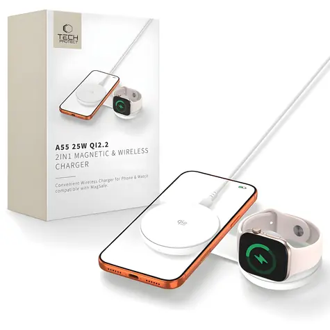 Tech-Protect A55 MagSafe bílá / Bezdrátová nabíječka / 2v1 / Qi2.2 / 25W / USB-C kabel