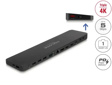 Delock USB-C Triple Display dokovací stanice / Dokovací stanice / 4K / LAN / čtečka SD karet / Audio / USB-C PD 80W