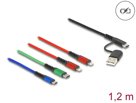 Delock USB nabíjecí kabel 4v1 / Napájecí kabel / USB-A & USB-C / Lightning & Micro-USB & USB-C / 1,2 m
