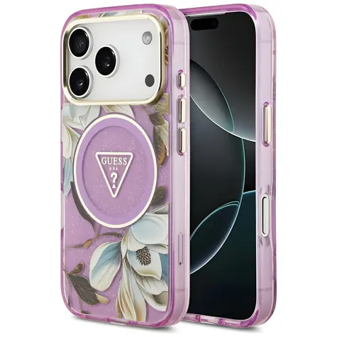 Guess IML Glitter Flowers Triangle fialová / Zadní kryt / MagSafe / iPhone 17 Pro a 18 Pro