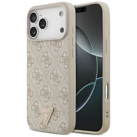 Guess PU Leather 4G Strass Triangle Logo Gold Frame růžová / Zadní kryt / MagSafe / iPhone 17 Pro Max, 18 Pro Max