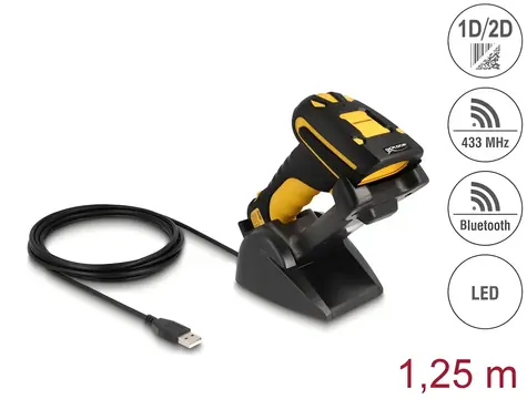 Delock Průmyslová čtečka čárových kódů 1D a 2D / 433 MHz nebo Bluetooth / indukční nabíjecí stanice