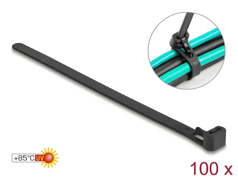 Delock stahovací pásky 150x7,5 mm černé / Stahovací pásky / Opakovaně použitelné / Teplotně odolné / 100 ks
