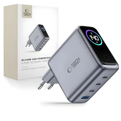 Tech-Protect NC140W-GaN tmavě šedá / Nabíječka / GaN / 4 porty / PD 140W / QC 3.0