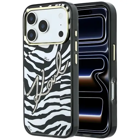 Karl Lagerfeld IML Signature Zebra Glitter MagSafe zlatá / Zadní kryt / iPhone 17 Pro a 18 Pro / MagSafe