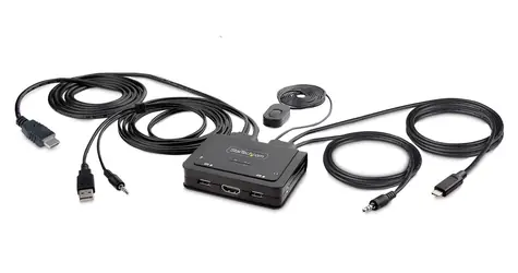 StarTech 2-portový hybridní KVM přepínač / KVM přepínač / USB-C + HDMI / 4K 60Hz / integrovaný kabel 1,8 m / kompaktní