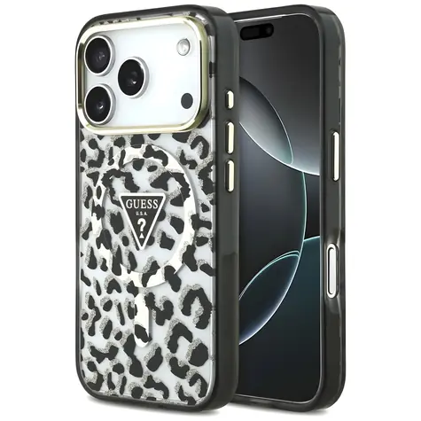 Guess Leopard Glitter Triangle Logo černá / Zadní kryt / MagSafe / iPhone 17 Pro, 18 Pro