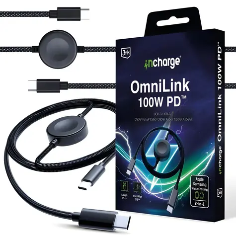 3mk incharge OmniLink 100W PD černá / Datový kabel / USB-C na USB-C / 1,5 m / magnetický modul pro chytré hodinky