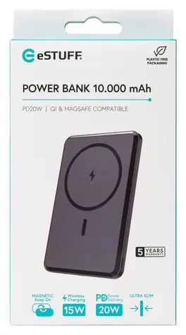 eSTUFF Magnetic Power Bank 10.000 mAh černá / Powerbanka / magnetická / MagSafe / 20W / 15W bezdrátově / USB-C