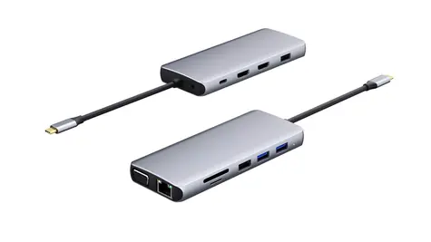 eSTUFF USB-C Hub 12v1 šedá / Dokovací stanice / 2x HDMI 4K / USB-C PD 100W / Gigabit LAN
