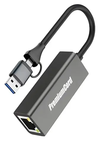 PremiumCord adaptér USB-C a USB-A na Gigabit RJ45 černá / Adaptér / 10/100/1000 Mbit / 15 cm / hliníkové pouzdro