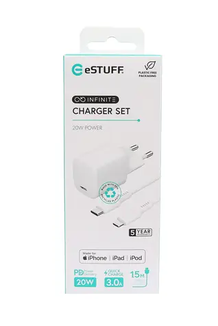 eSTUFF INFINITE bílá / USB nabíječka / USB-C / 20 W / USB-C kabel 1,5 m / GRS recyklovaný plast