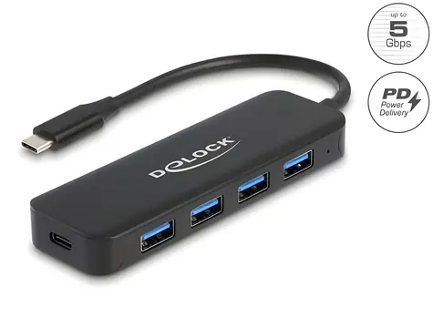 DeLock 64170 / USB hub / USB-C / 4 porty / USB 3.2 Gen 1 / PD / kovový