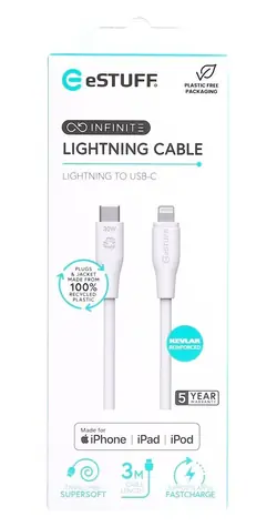 eSTUFF INFINITE (GRS) bílá / Kabel / USB-C - Lightning / MFI / 3 m