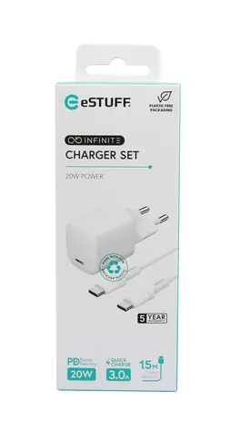 eSTUFF INFINITE Charger Kit bílá / USB nabíjecí sada / USB-C / PD 20W / kabel USB-C-Lightning 1,5m / rychlé nabíjení