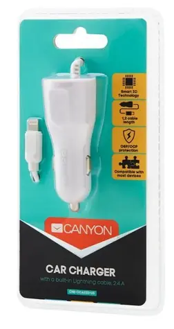 Canyon C-033 bílá / Autonabíječka / 1x USB / integrovaný kabel Lightning / výstup 5V/2,4A / Smart IC