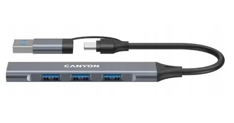 Canyon DS-02 šedá / USB hub / 4 porty / 1x USB 3.0 5Gbps / 3x USB 2.0 480Mbps / USB-C/USB-A adaptér