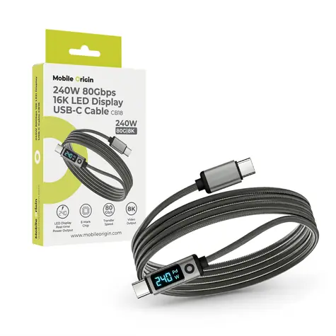 Mobile Origin CB18 vesmírně šedá / Kabel s LED displejem / USB-C na USB-C / 240 W PD 3.1 / 80 Gbps / 8K/60Hz / 1,5 m