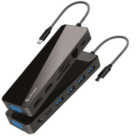eSTUFF 13-in-1 Mobile Dock černá / Dokovací stanice / USB-C / 2x HDMI / VGA / PD 100W
