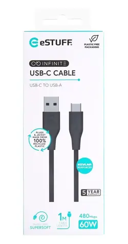 eSTUFF INFINITE (GRS) černá / Kabel / USB-C - USB-A / 1 m / 60 W / GRS recyklovaný plast