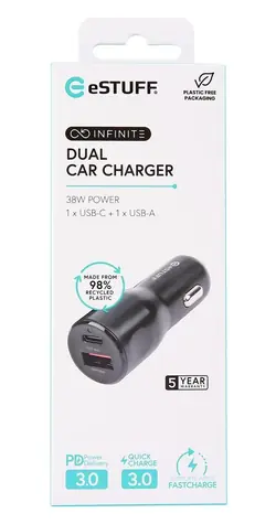 eSTUFF INFINITE černá / USB autonabíječka / USB-C 20 W / USB-A 18 W / Quick Charge 3.0