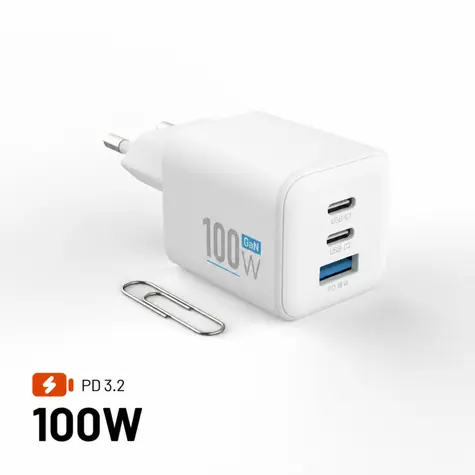 FIXED Mini 100 W bílá / Síťová GaN nabíječka / 2x USB-C + USB-A / PD 3.2