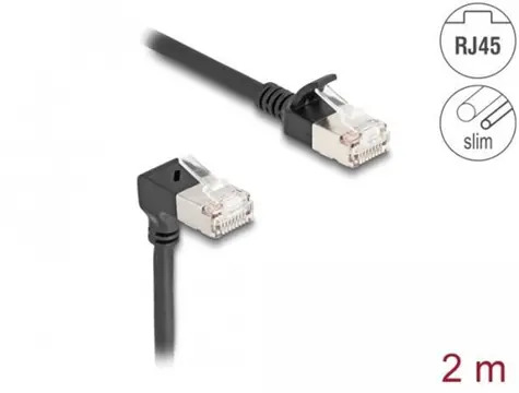 DeLock černá / Síťový kabel / Cat.6A S/FTP / Slim / RJ45 rovný - RJ45 úhlový 90° / 2 m