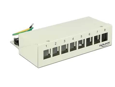 Delock Keystone Patch Panel 8 portů šedý / Patch panel / kovový / pro 8 Keystone modulů / úchyty na DIN lištu